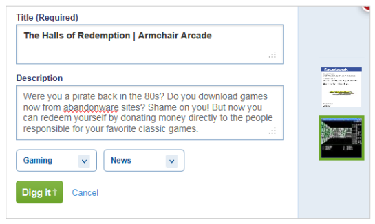 A post to Digg screen. User is posting about the Halls of Redemption (Armchair Arcade) to the gaming and news tags.