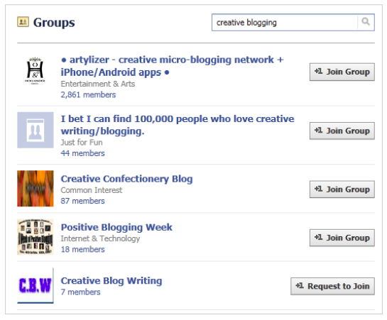 Search results page for Facebook groups with search query of "creative blogging".