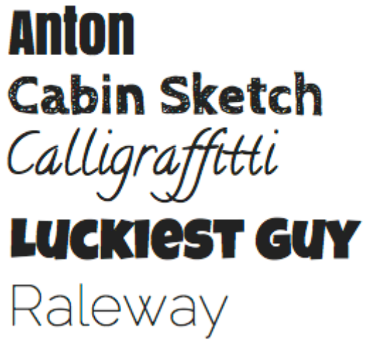 Example of fonts Anton, Cabin Sketch, Calligraffiti, Luckiest Guy, and Raleway