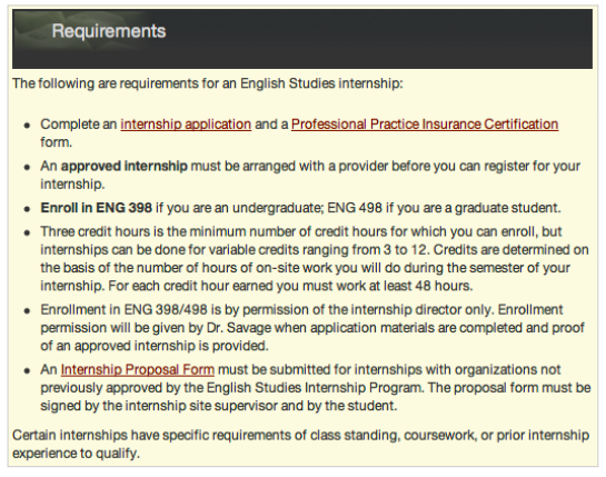 Bulleted list of requirements for an internship. Heading is Requirements