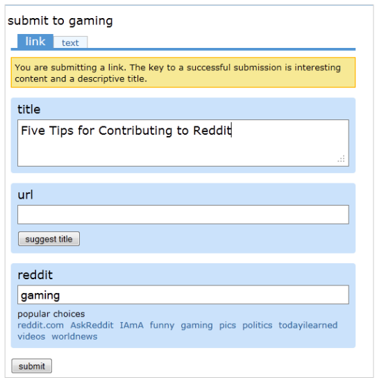 Submit to Reddit post screen. User is posting Five Tips for Contributing to Reddit to the gaming community.