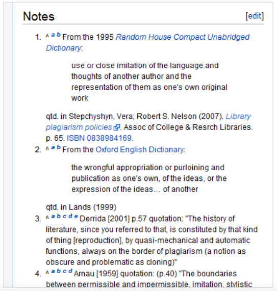 Notes page for a Wikipedia entry containing links, notes, quotes, and citations