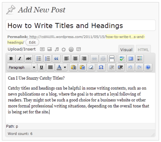 The WordPress editor. Contains basic functions such as bold, underline, heading styles, and colors.