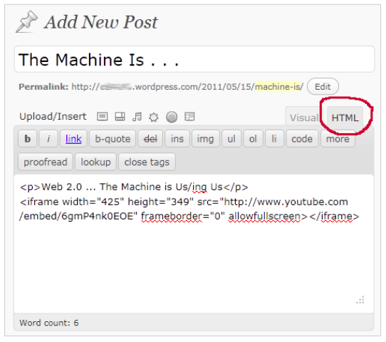 WordPress editor showing underlying HTML code for a post.