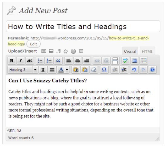 WordPress editor with heading applied. The style in this case is bold and a larger font.