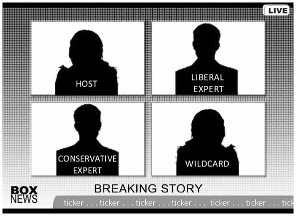 News depiction with host, liberal expert, conservative expert, and wildcard.