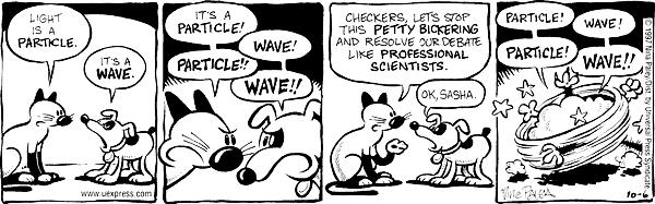 Two dogs fighting over whether light is a particle or a wave.