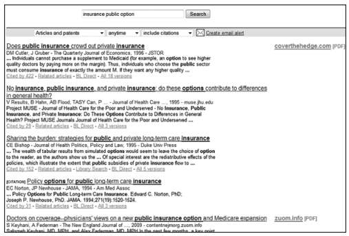 Google Scholar search for "insurance public option".