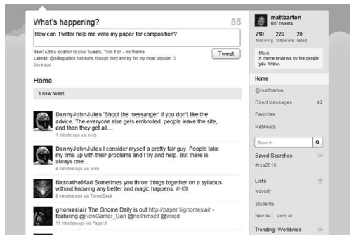 Twitter home page with prompt to make a post and a summary of recent tweets.