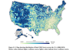 Map showing distrubution of CRSI Scores across the U.S. (2000-2015). Scores are lower in the south east, in the middle in the midwest, in New England and central, and highest in the west and far north (except California coast).