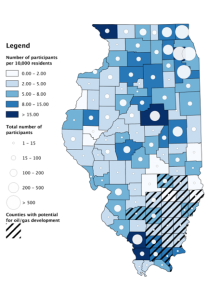 Map of Illinois. Northern counties have more participants per 10,000 residents and more participants overall than the southern counties. Only southeast counties have potential for fracking.
