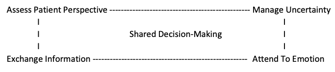 Assess patient perspective, manage uncertainty, exchange information, and attend to emotion all involved in shared decision-making