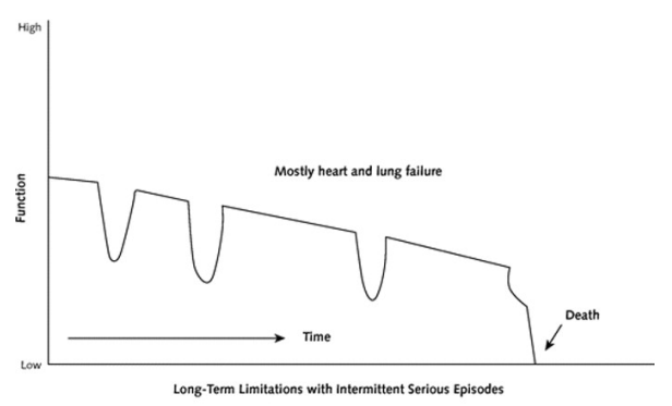 Shows long-term limitations in function with intermittent, short, serious episodes. Mostly heart and lung failure.
