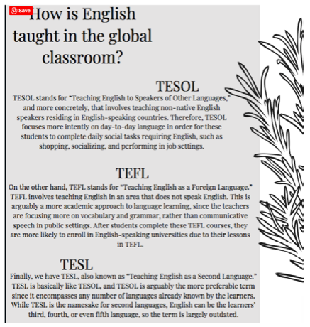 How is English taught in the global classroom? TESOL, TEFL, and TESL