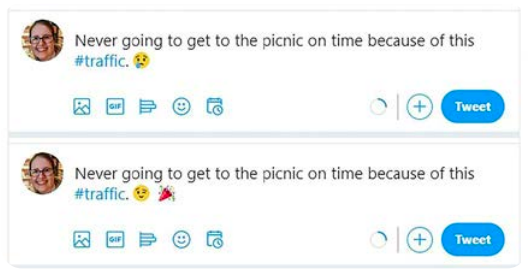 Tweet: never going to get to the picnic on time because of this #traffic. One tweet has a sad emoji, the other has a happy emoji.
