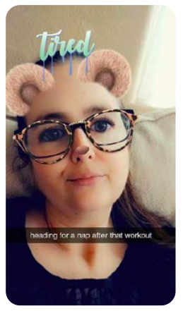 Snapchat rhetorical choices: stamp saying "Tired" and caption "heading for a nap after that workout"