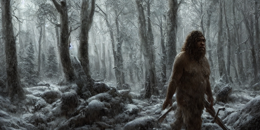 Computer-generated rendering of a Neanderthal walking through a winter forest.