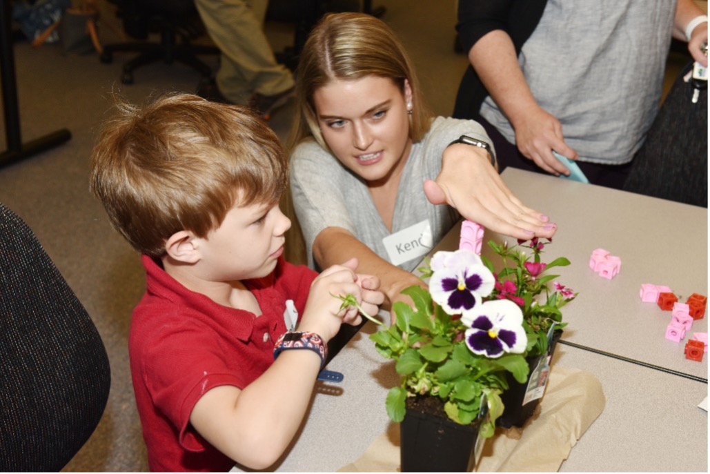 Adult is demonstrating to a child measuring height by holding their hand above a plant.